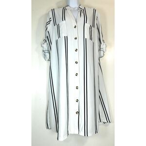 Woman's Shirt Dress Sz. XL J for Justify White Black Striped 3/4 Roll Sleeve